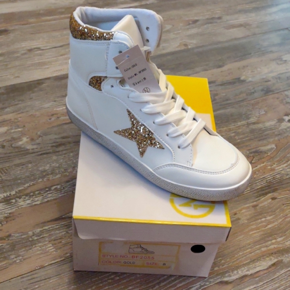 Nwt G.N.N. Fashion New York White and Gold Glitter High-Top Sneakers, Size 8